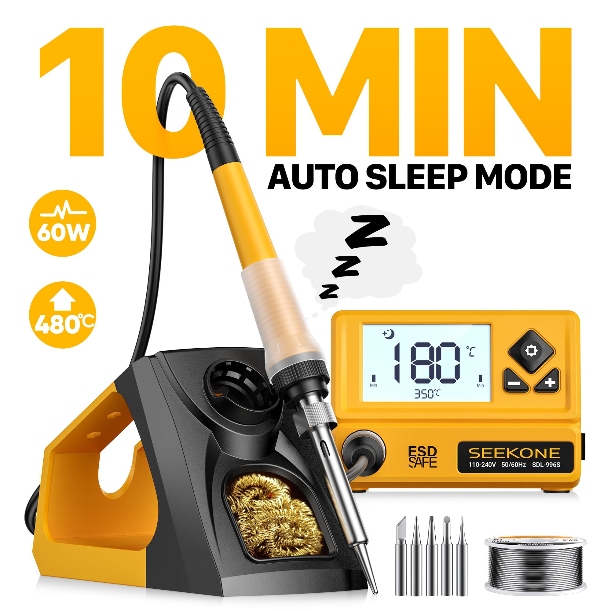 SEEKONE Lötstation 60W, Profi Lötkolben Einstellbare Temperatur 200℃-480℃ mit LCD Displayanzeige, Digitale Lötkolbenstation mit 5 Lötspitzen, °C/°F Umrechnung, Standby Funktion, Power-On Speicher
