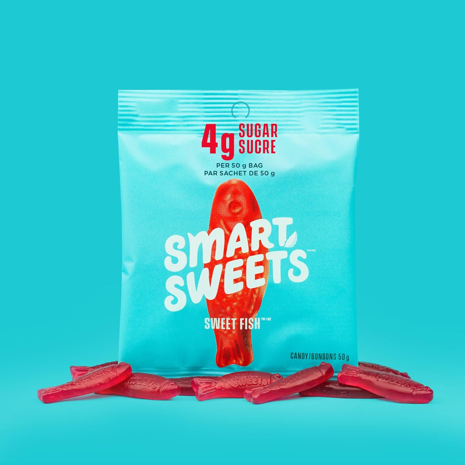 SmartSweets Sweet Fish, Candy with Low Sugar (3g), Low Calorie (130), No Artificial Sweeteners, Plant-Based, Gluten-Free, Non-GMO, Healthy Snack for Kids & Adults, 50g (Pack of 12)