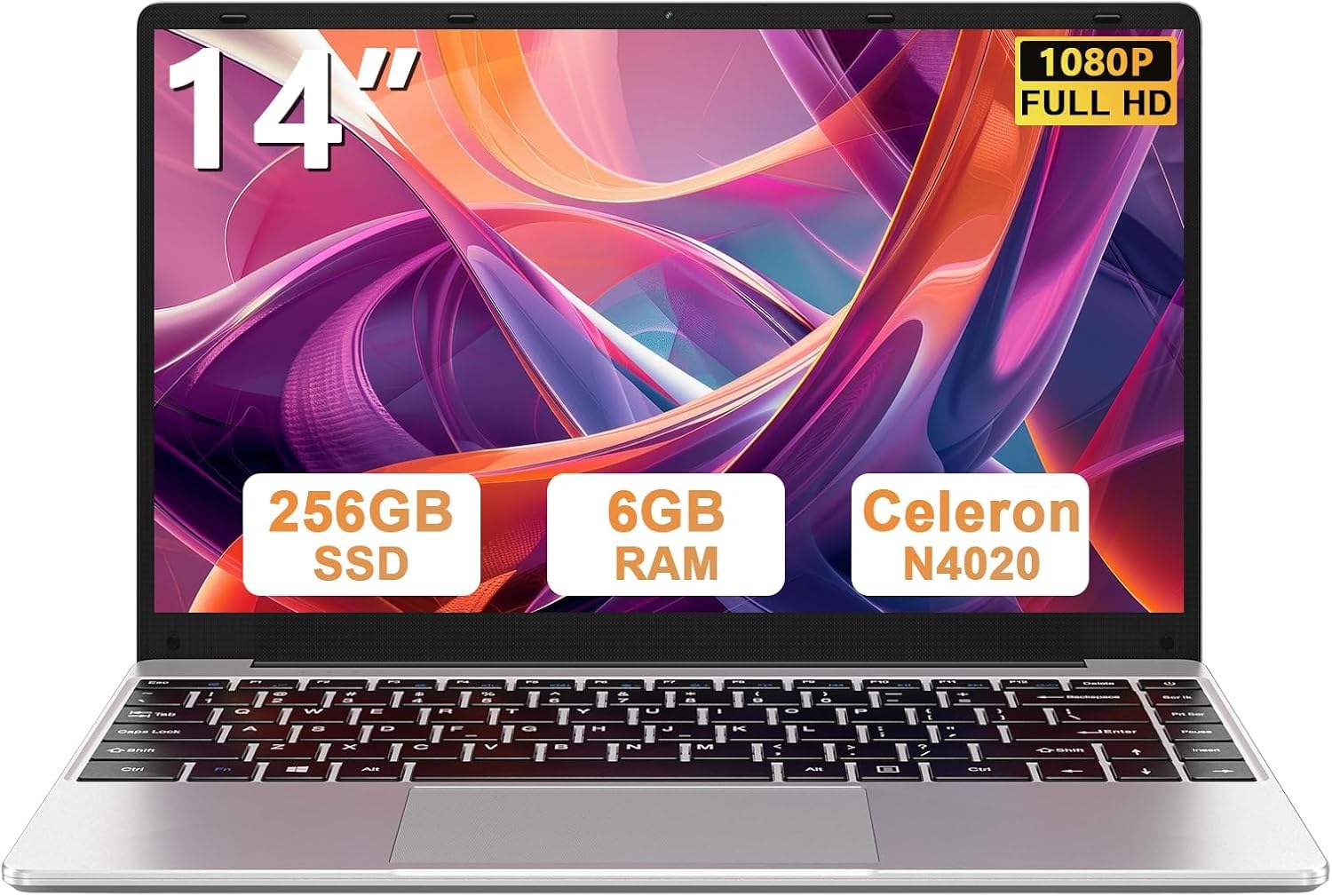 bvate 2026 Ordenador portátil 14",Win11 N4020 Up to 2.8Ghz 256GB Admite expansión SSD 1TB 14" Portátiles FHD 2.4G+5G WiFi BT 4.2 Mini-HDMI con ratón inalambrico & Pegatinas Teclado Español-Plata