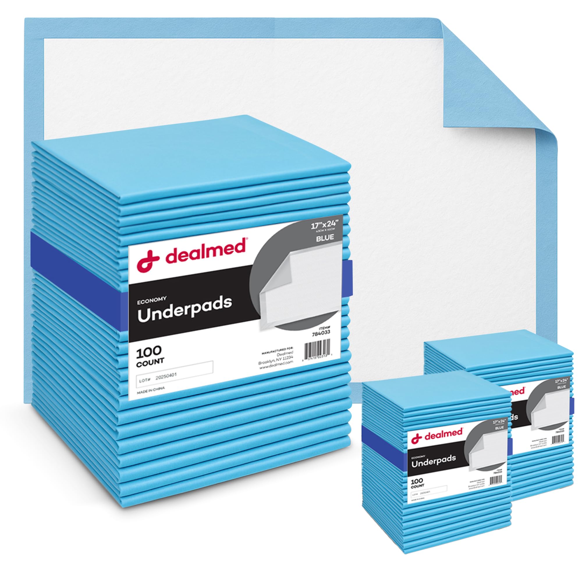 Dealmed Economy Absorbency Medical Underpads (300 Pads) Disposable 2-Ply Tissue Fill, 24" x 17", Blue, Perfect for Pet Pads, Furniture Protection,