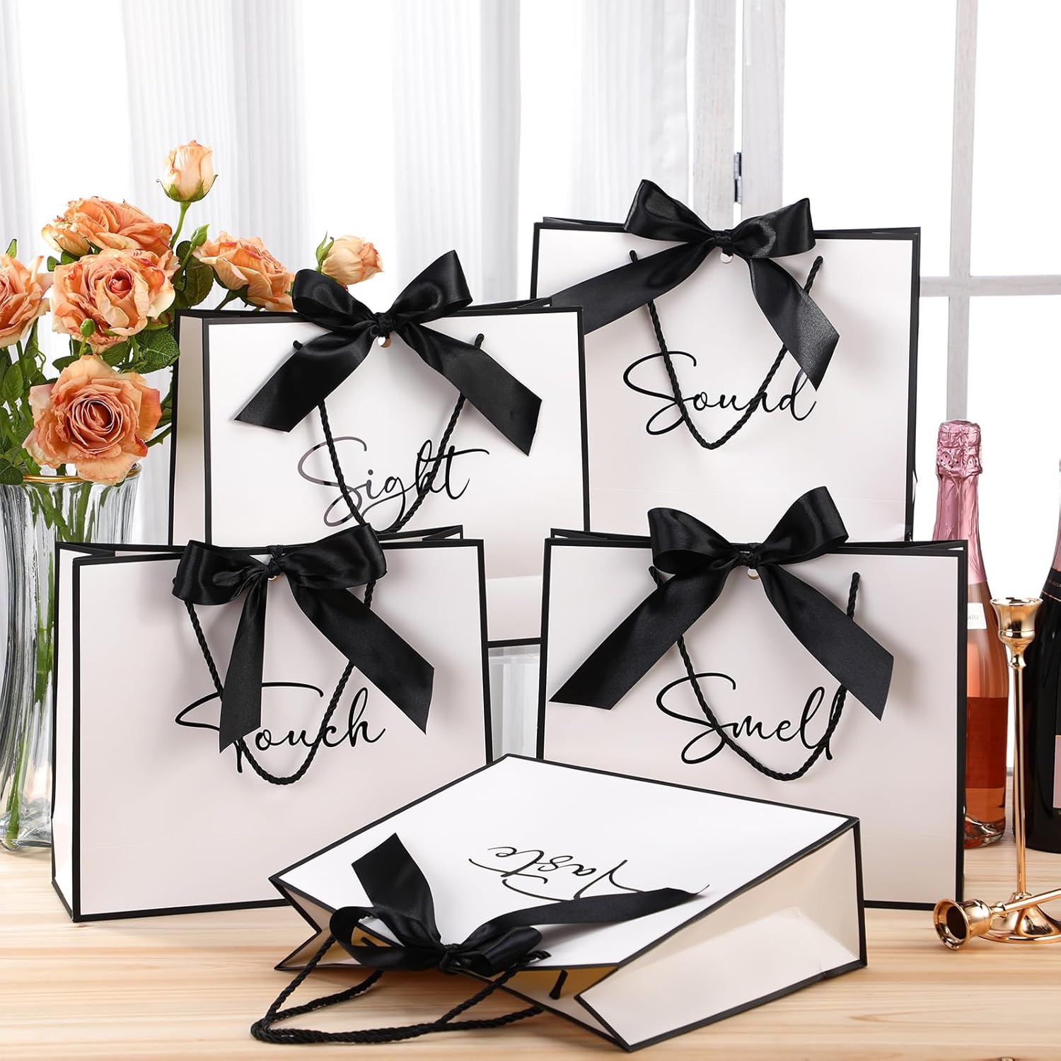 Sweetude 5 Pcs Senses Gift Bags for Him and Her 11.8 x 9.8x 3.9'' Elegant Thank You Paper Gift Bags with Handles and Bow Ribbon for Wedding Bridesmaid Groomsmen Gifts Birthday Baby Shower(White) - Image 4
