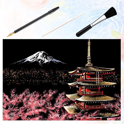 Miniatura 3 de EXCEART Scratch Art Adultos Scratch Pintura Mount Fuji Scratch Off Art Picture & 3pcs Scratch Art Herramientas para DIY Doecoration regalo