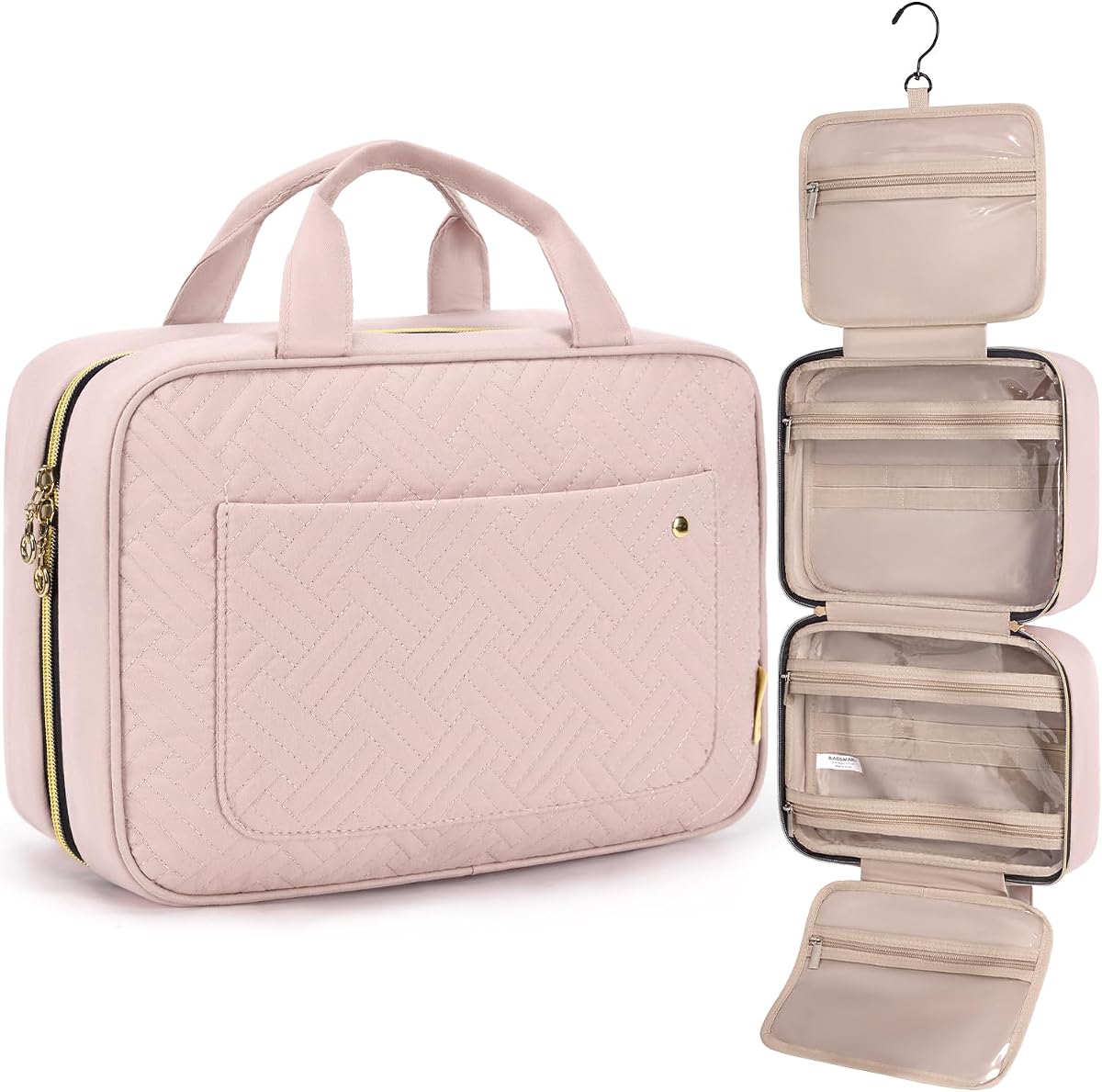 Neceser de viaje con gancho para colgar, resistente al agua, organizador de viaje para accesorios, champú, contenedor de tamaño completo, artículos de tocador (rosa claro, mediano)