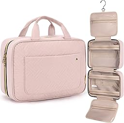 BAGSMART Hanging Toiletry Bag Travel Large Capacity Wash Bag Womens Makeup Cosmetic Bag, Travel Accessories for Full Sized Container (Medium-Pink)