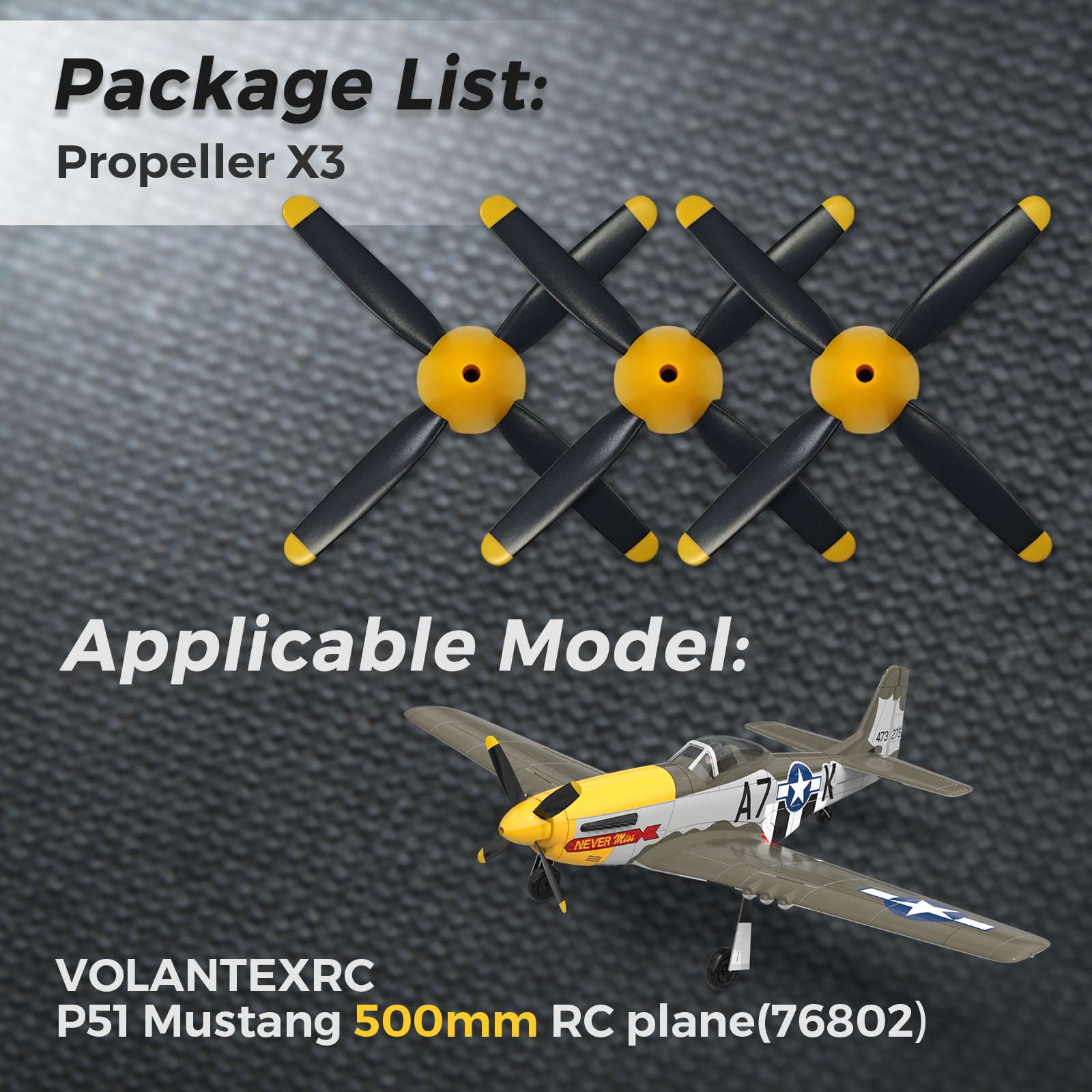 Lot de 3 hélices haute performance 4 lames de rechange pour avion RC sans balais 4 canaux P51D Mustang 500 mm Avec cône de nez en fibre de carbone, économiseur d'hélice