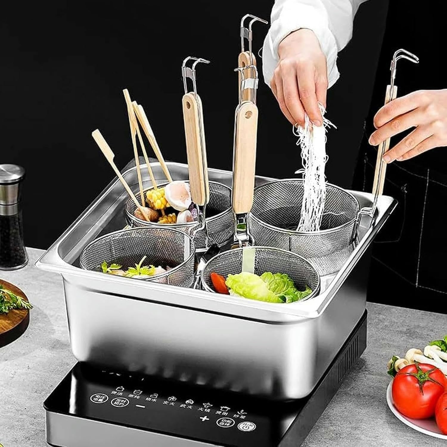 XCSCUK 業務用 パスタクッカー ストッカー 仕切り付き ザルストレーナー付き 2/4/6穴 パスタクッカーインサートセット レ