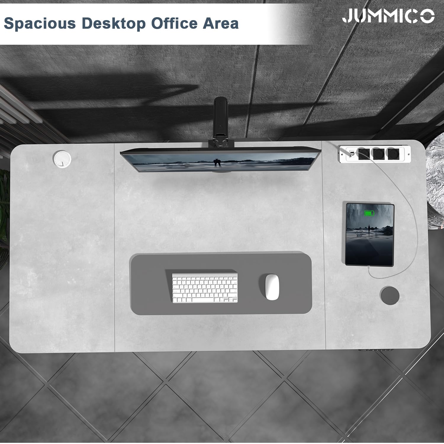 JUMMICO Biurko z regulacją wysokości z bezprzewodową stacją ładującą i gniazdem Euro z USB, 140 x 70 cm, biurko z regulacją wysokości, elektryczny stolik stojący na kółkach, kolor szary