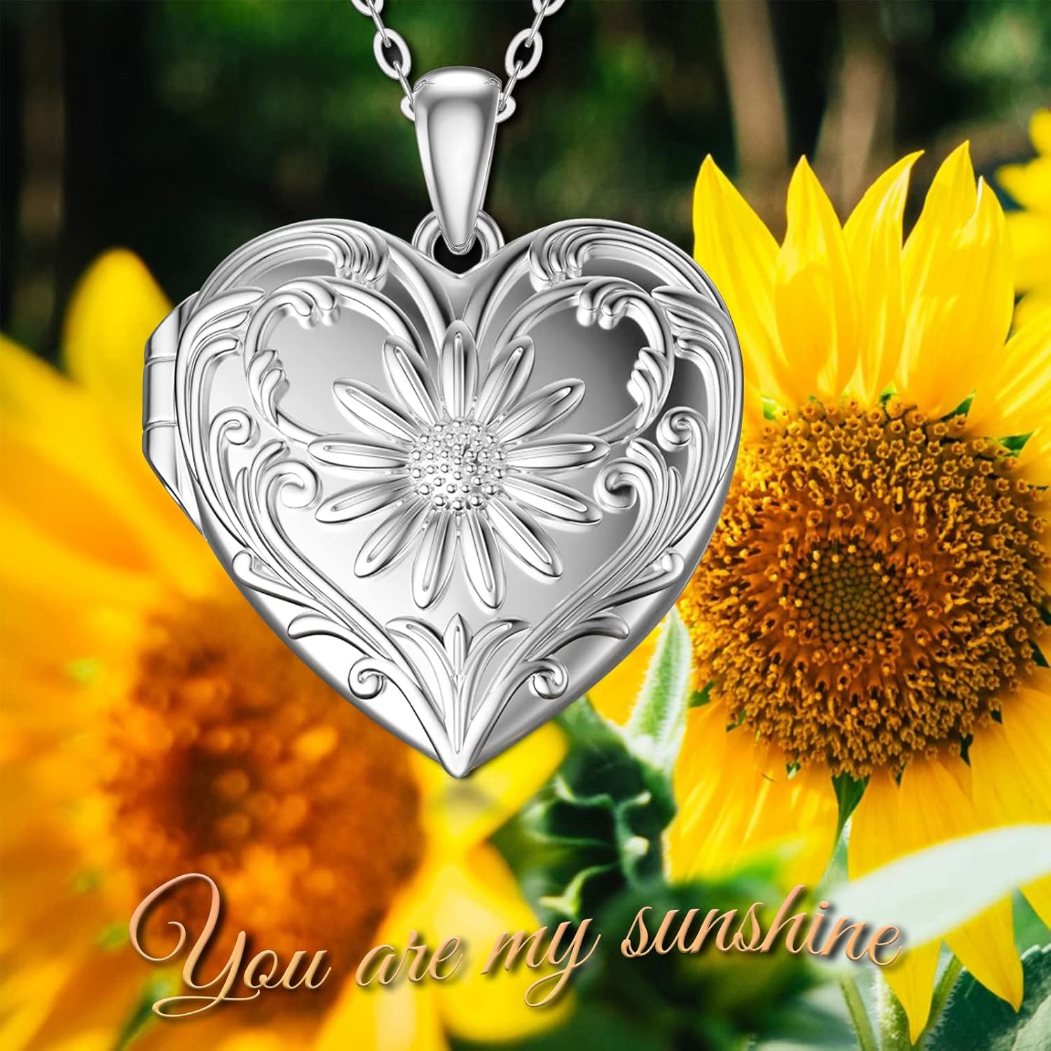 SOULMEET Sunflower/Rose White Locket Necklace That Holds Pictures Photo Personalized Sterling Silver/Real White Gold Locket with Solid Gold Chain Gift