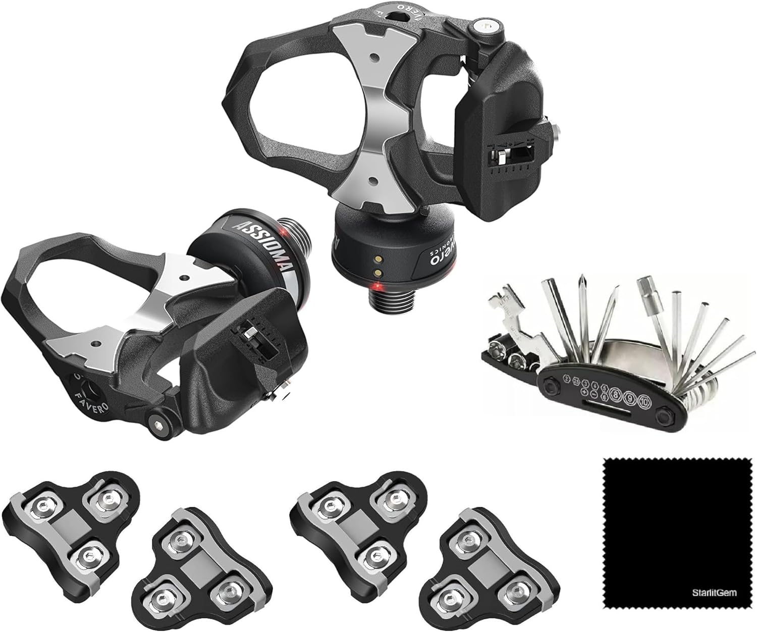Favero Assioma Duo Upgraded Double-Sided Power Meter Pedals Bundle — Includes 2 Pairs Black Cleats, StarlitGem Cleaning Cloth and Multi Tool Kit — Waterproof, Accurate & Easy to Install