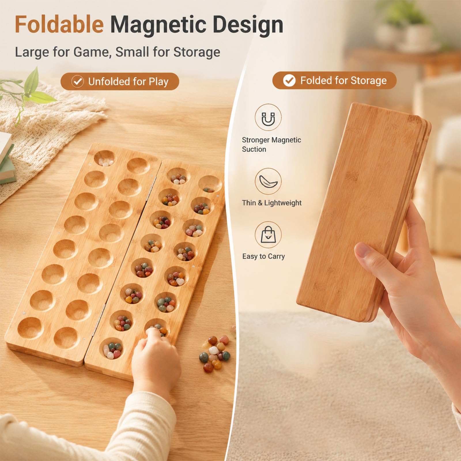 Steinchenspiel Hus - Bao - Kalaha Edelstein Match Schach Bohnenspiel für 2 Spieler Muschelspiel für Kinder Erwachsene Spannendes Strategiespiel aus Holz