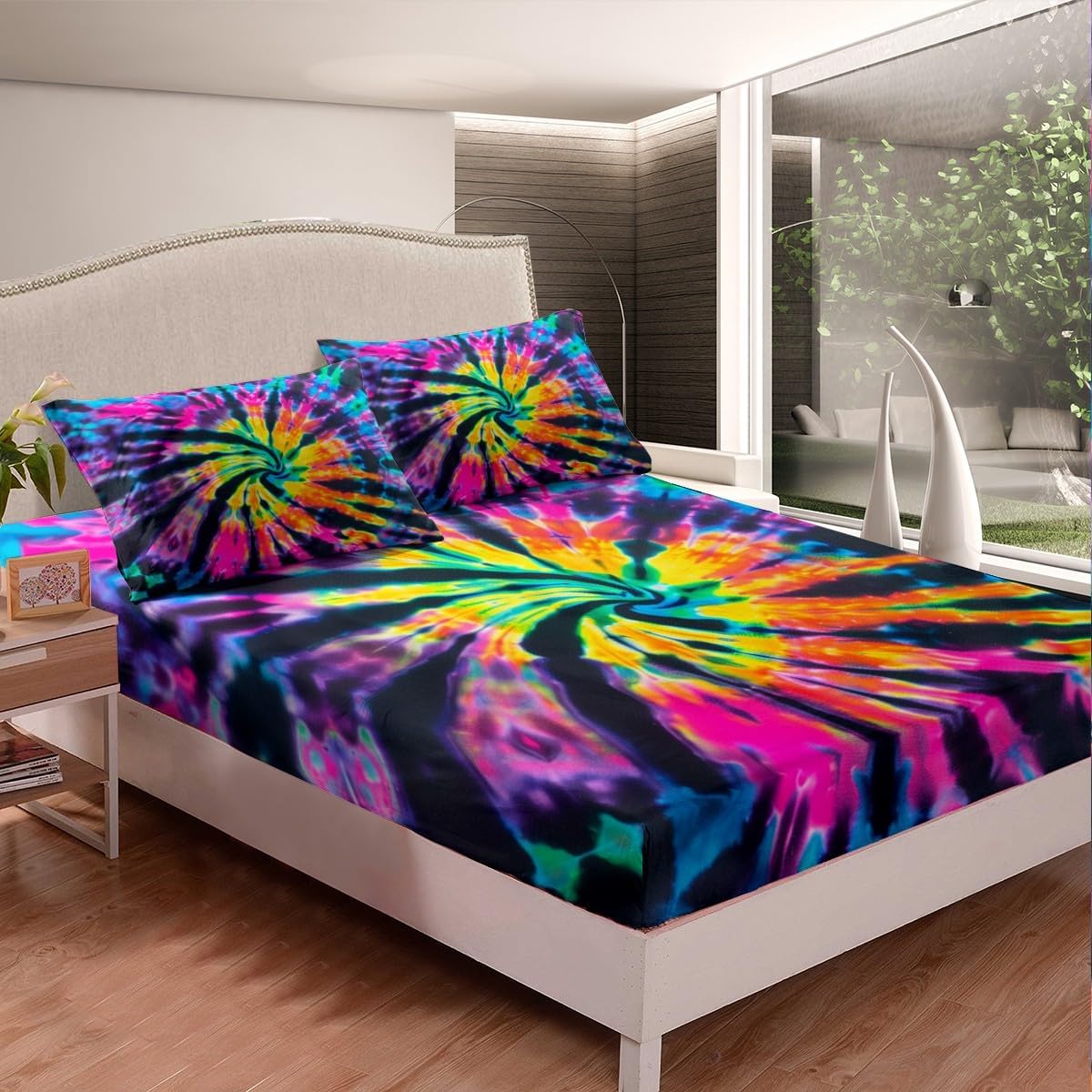 Erosebridal Tie Dye Fitted Sheet Colorful Tie Dye Sheet Set Watercolor Spiral Swirl Bed Cover for Kids Abstract Pattern Print Bedding Set TwinXL Size 1 Fitted Sheet with 1 Pillow Case