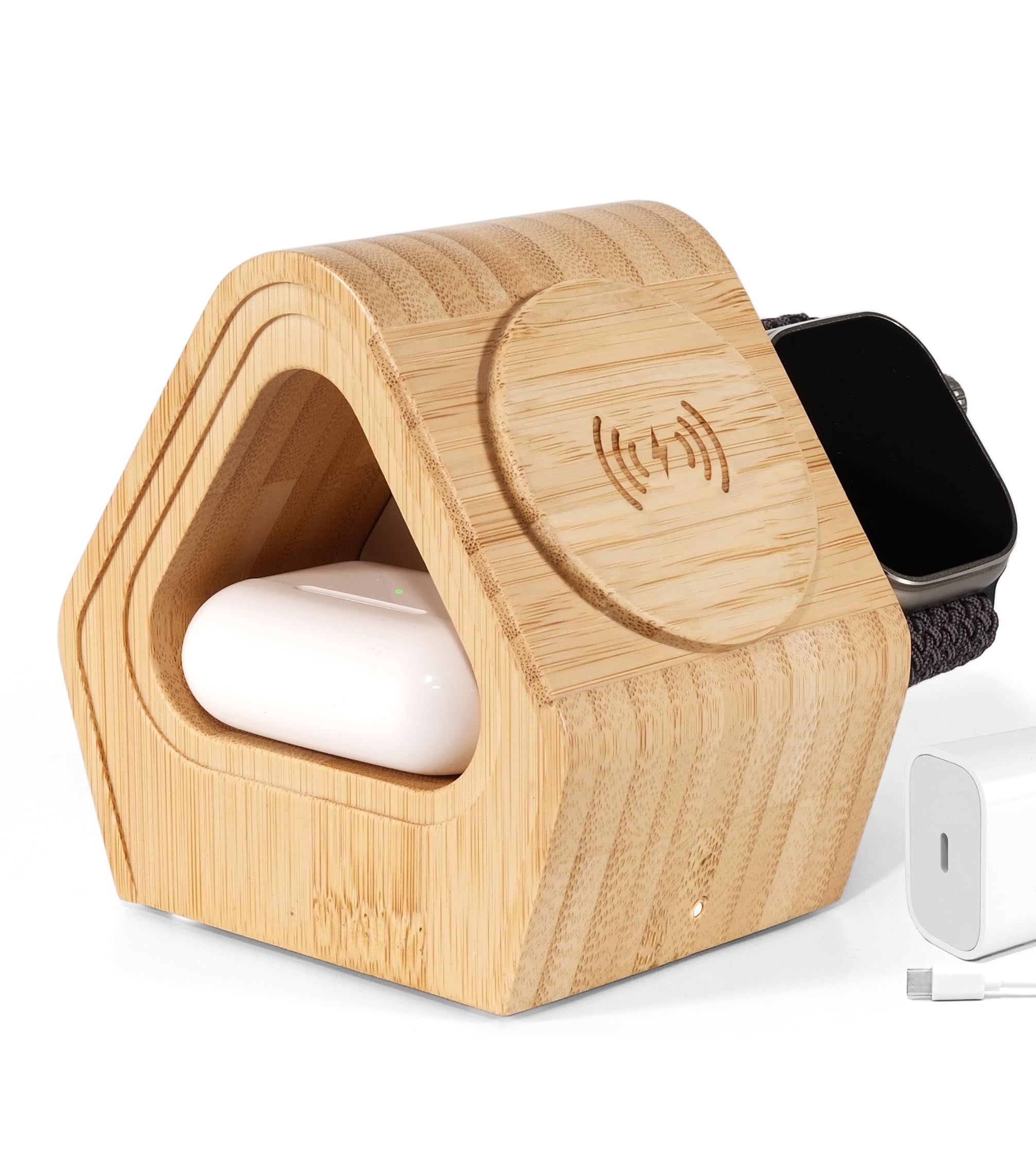 Bamboo Wireless Charging Station for Apple 3-in-1 Charger Stand with Cabin Style for iPhone 16 15 14 13