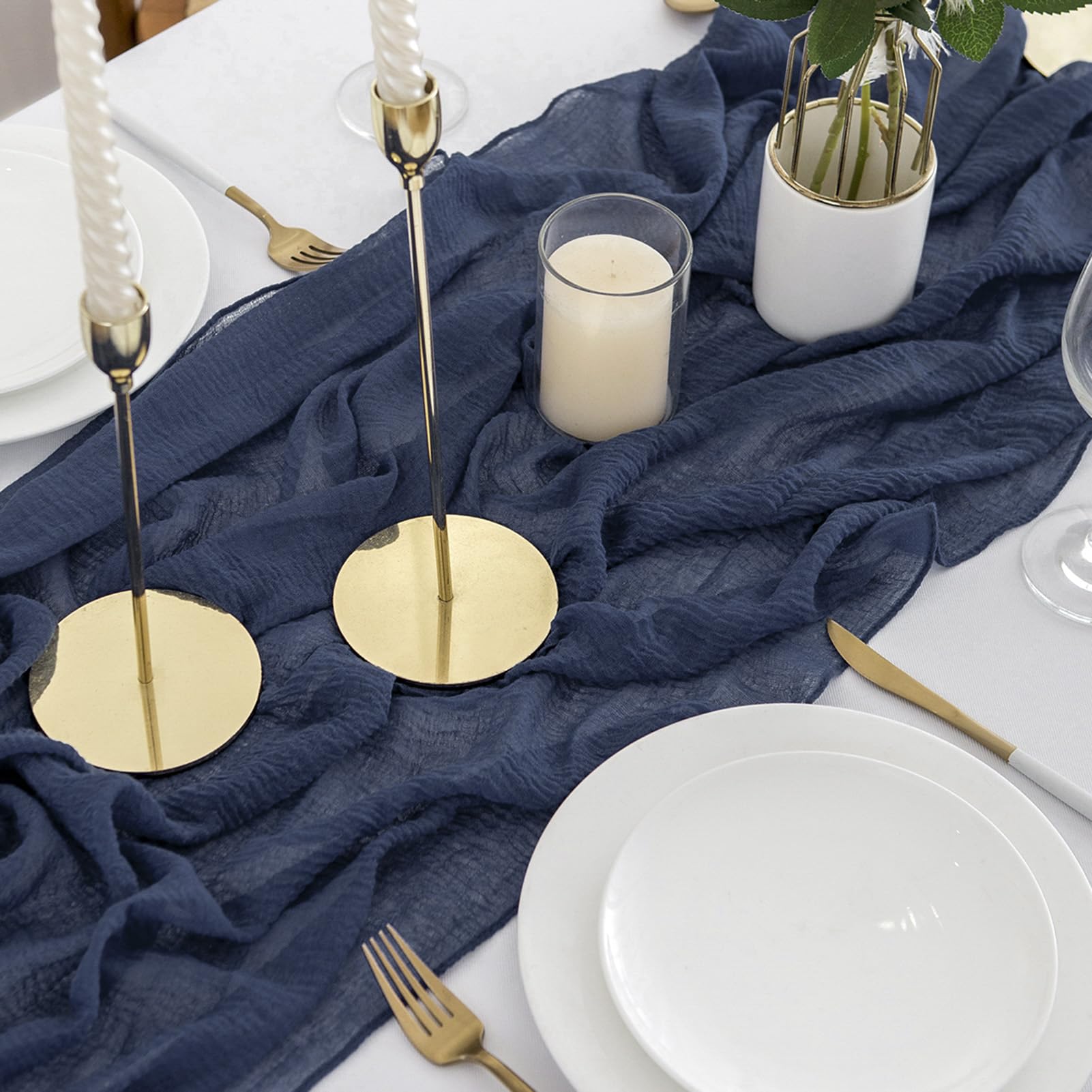 AOKSUNOVA Runner da tavolo blu, runner da tavolo per matrimonio in chiffon 4 m x 80 cm, tessuto blu scuro