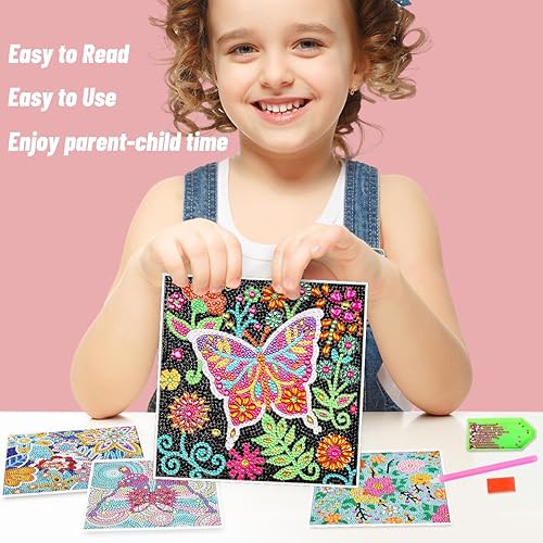 Miniatura 4 de ZUYUSUT Paquete de 4 bonitos kits de pintura de diamantes con flores de mariposa para niños y niñas de 3 a 12 años, manualidades, juegos de pintura