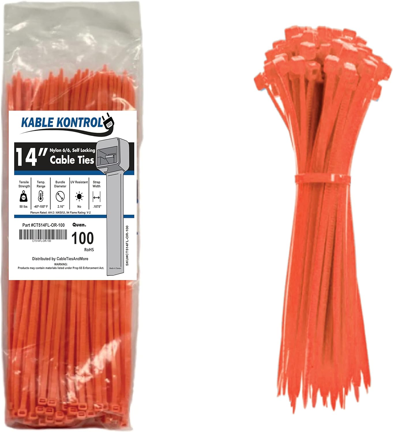Kable Kontrol Fluorescent Orange Zip Ties 14 Inch 100 Pcs