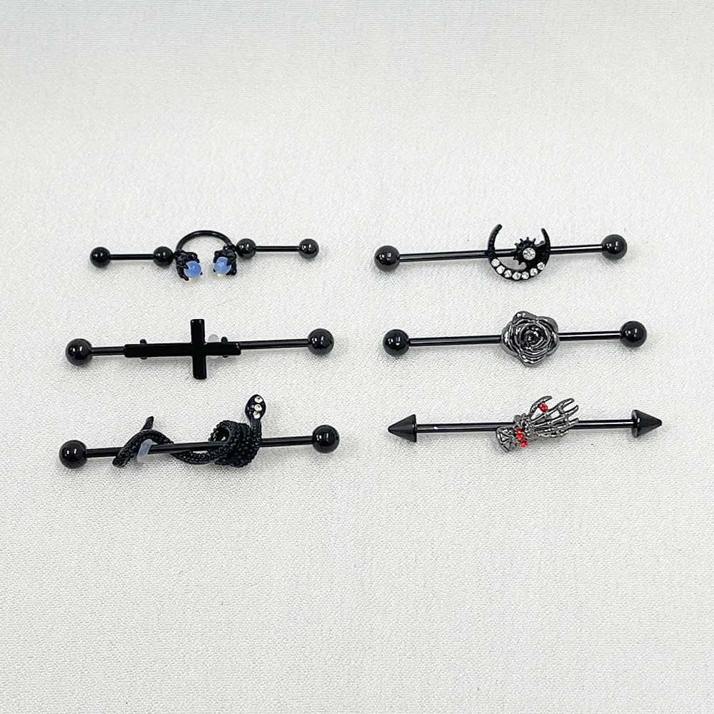 6Pcs Black Industrial Barbell Earrings 14G Stainless Steel Industrial Helix Cartilage Earrings 38mm Industrial Bar Moon Flower Cross Hand Snake Double Piercings Industrial Piercing Jewelry