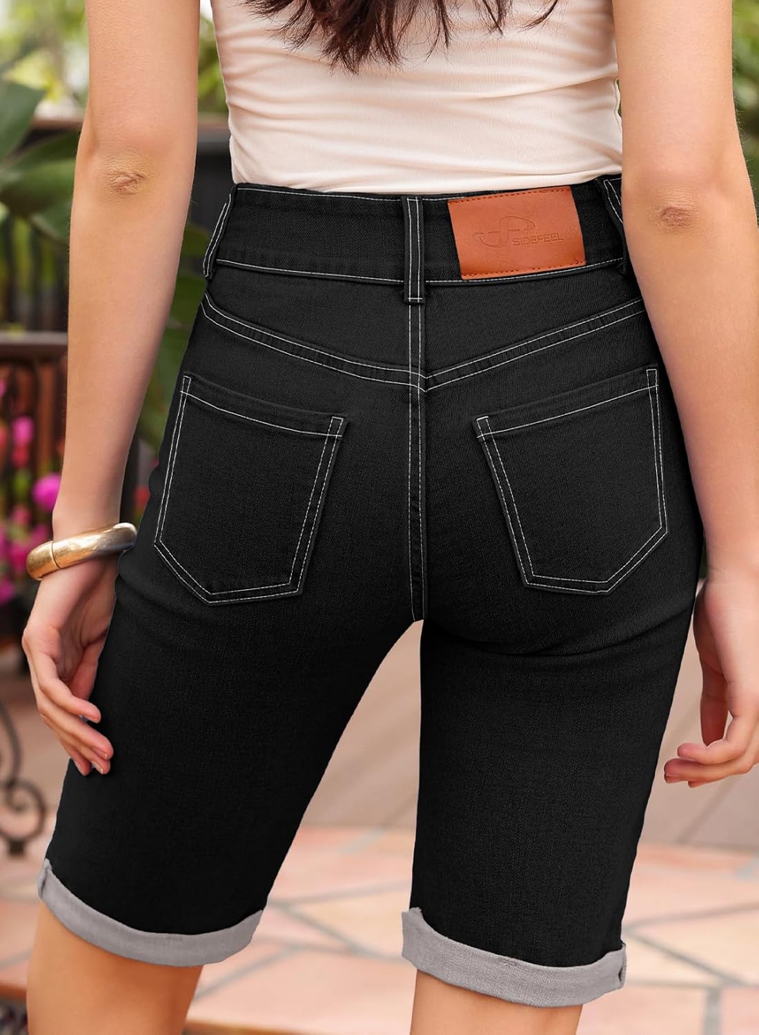 Sidefeel Women's Jean Shorts High Waisted Stretchy Bermuda Folded Hem Denim Summer Shorts - Image 5