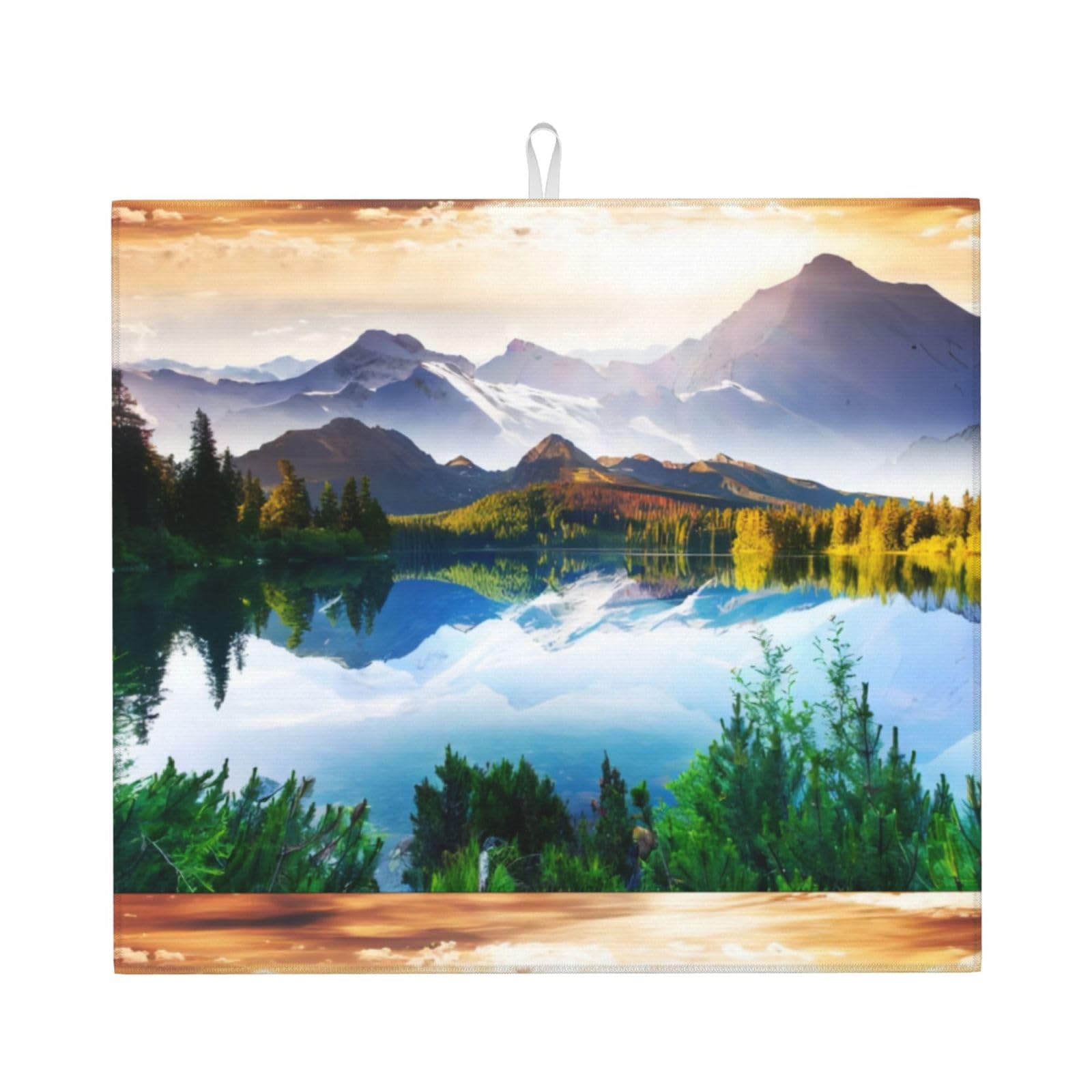 YYHHAOFA Mountain Lake View Sunny Day Nature Prints Kitchen Drying Mat – Absorbent Dish Throw for Countertops, Quick-Dry Non-Slip Layer with Stylish Prints, for New Homes