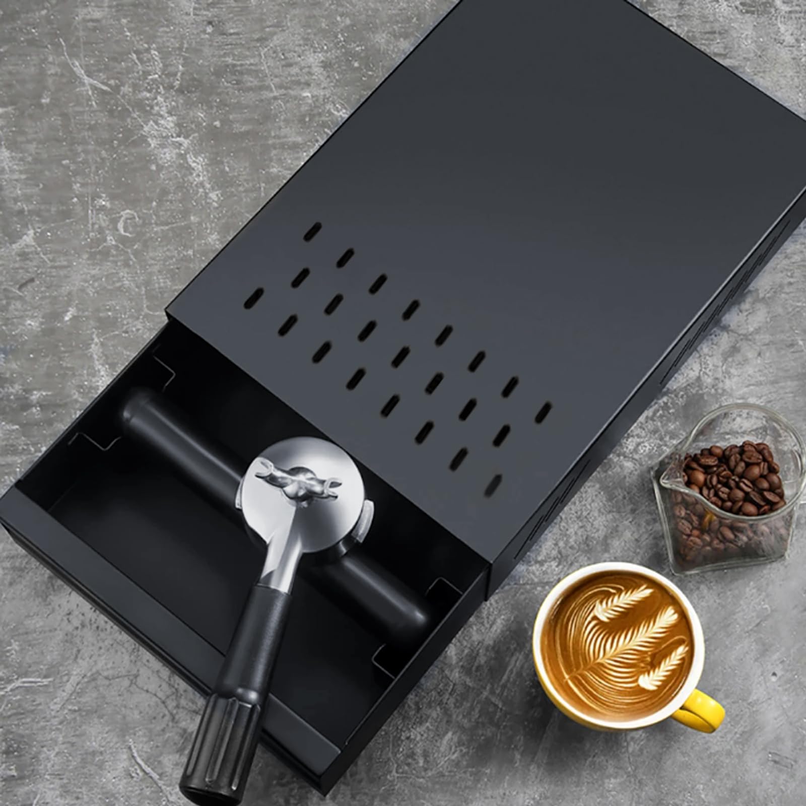Contenitore Fondi di Caffè per Portafiltro, 35 x 25 x 8 cm Contenitore in Acciaio Inox per Macchina Portafiltro per Espresso Portafiltro Cassetto per la Preparazione del Caffè, Nero