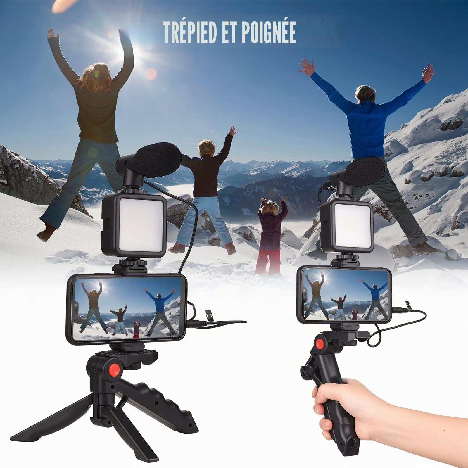 Andoer Kit Vlog pour smartphone, Mini lumière vidéo LED + microphone cardioïde + clip pour téléphone extensible + trépied avec luminosité réglable pour Live Streaming Vlog Tournage vidéo conférence