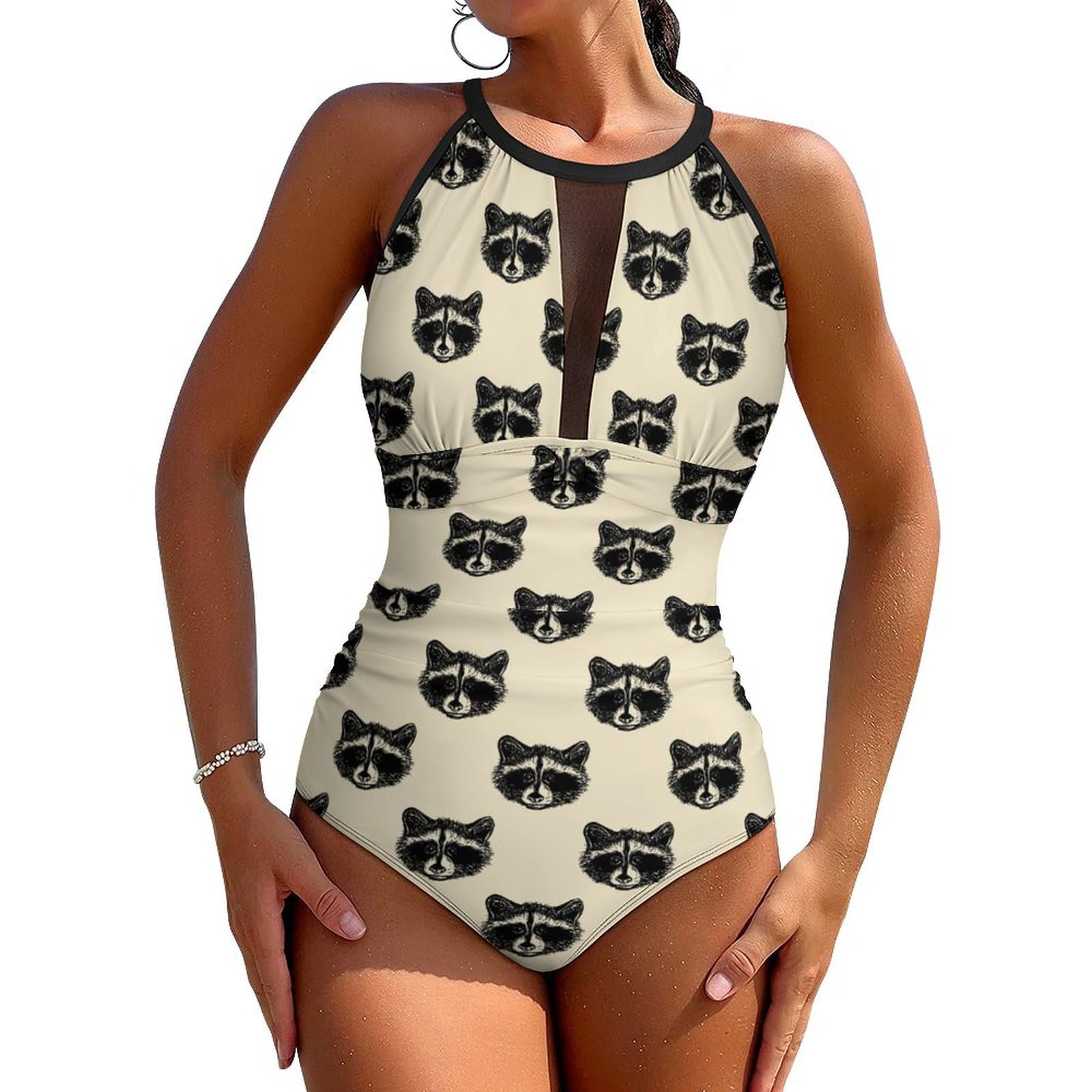 Raccoon Head Womens One-Piece Swimsuits High Scoop Neck One-Piece Swimsuits