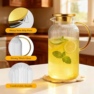 68 oz/2 Liter Glass Pitcher with Lid,Vertical Stripe Round Pitcher 233