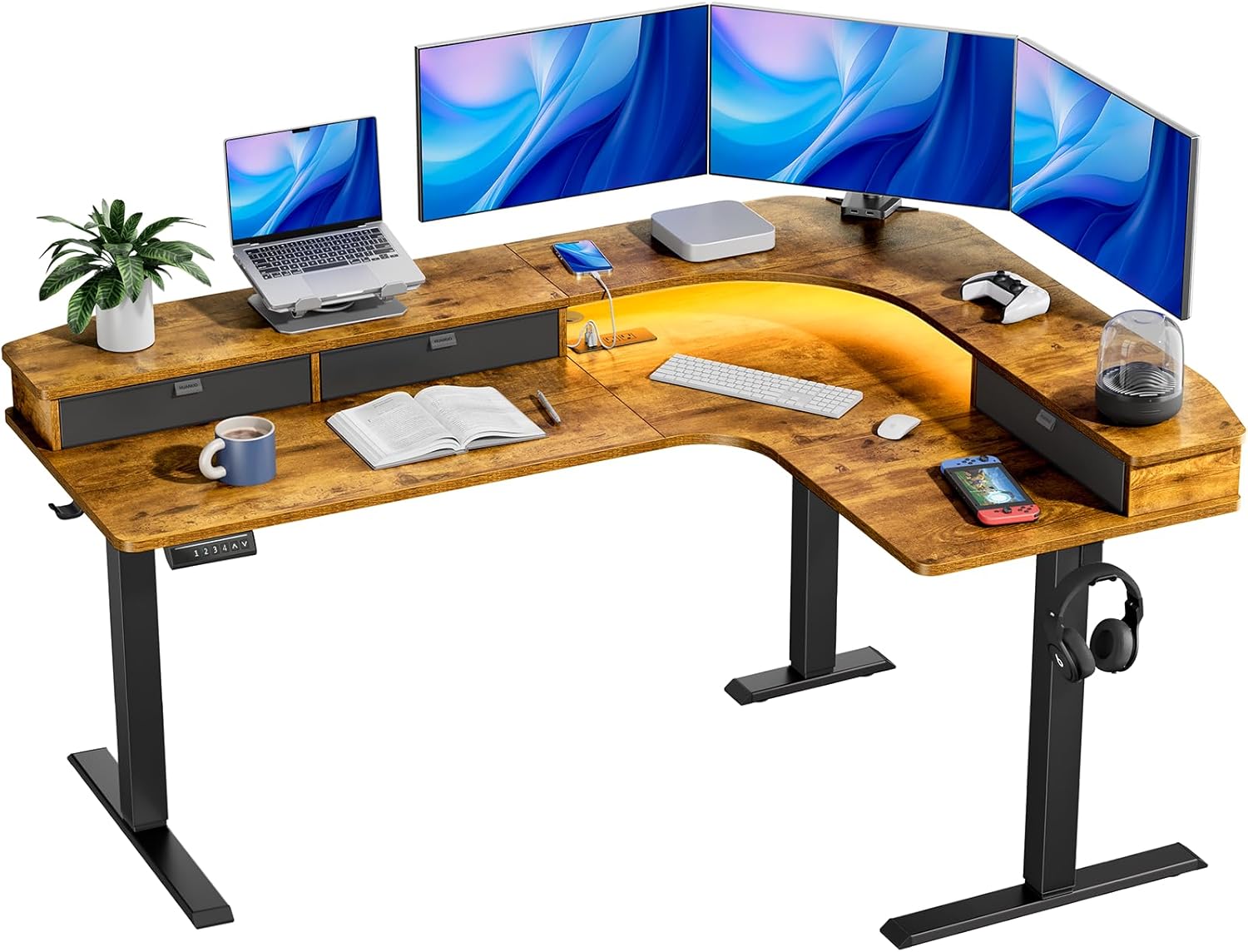 HUANUO 65″ L-Shaped Standing Desk with Power Outlets & LED Strip, Electric Height Adjustable Corner Computer Desk, Sit Stand Up Desk with 3 Drawers, Natural Wood