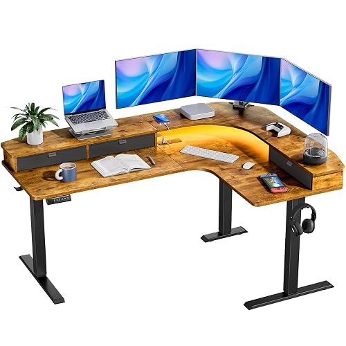 HUANUO 65″ L Shaped Standing Desk with 3 Drawers, Adjustable,