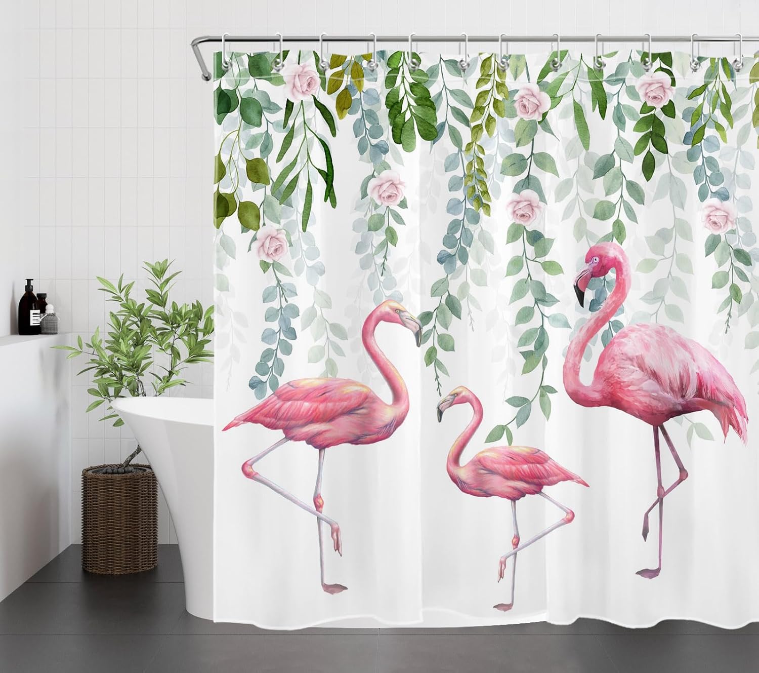 LB Tropical Flamingo Shower Curtain Pink Rose Floral with Green Leaves Shower Curtains for Bathroom Nature Scenery Waterproof Washable Fabric Shower Curtain with Hooks and Bath Mat,72x72 inch