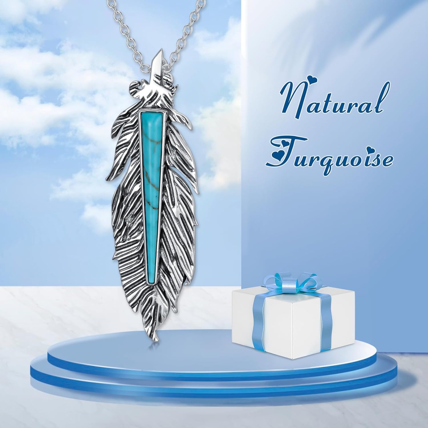 Turquoise Feather Necklace 925 Sterling Silver Genuine Turquoise Vertical Feather Pendant Western Bohemian Animal Jewelry Gifts for Women - Image 7