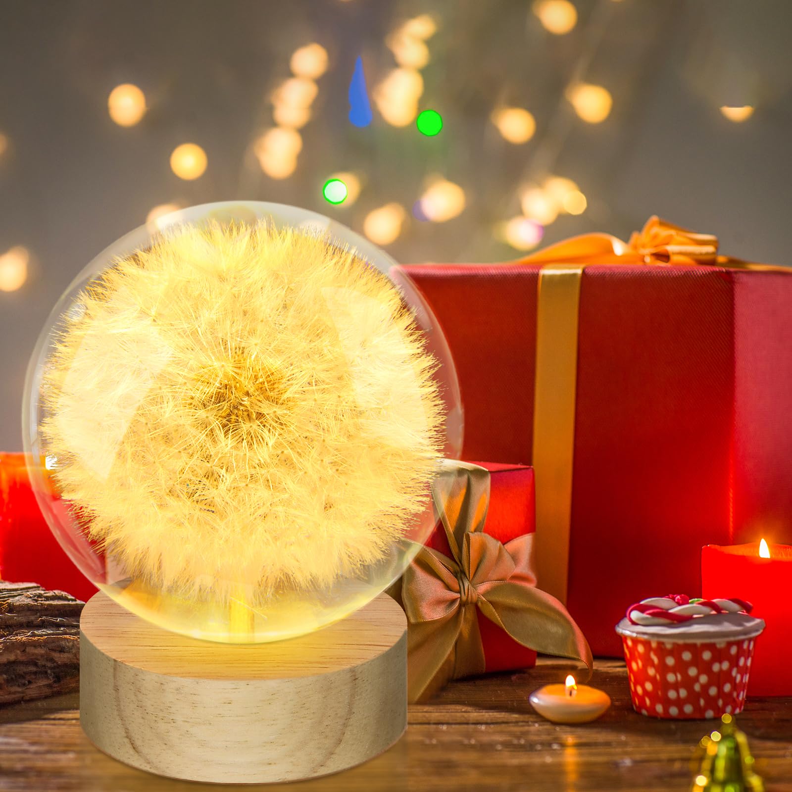 TUZELIYA Wisherfülller - Sfera di cristallo da 7 cm con base USB in legno, vero leone in vetro, regalo di compleanno per donne, regalo di compleanno, matrimonio, festa della mamma