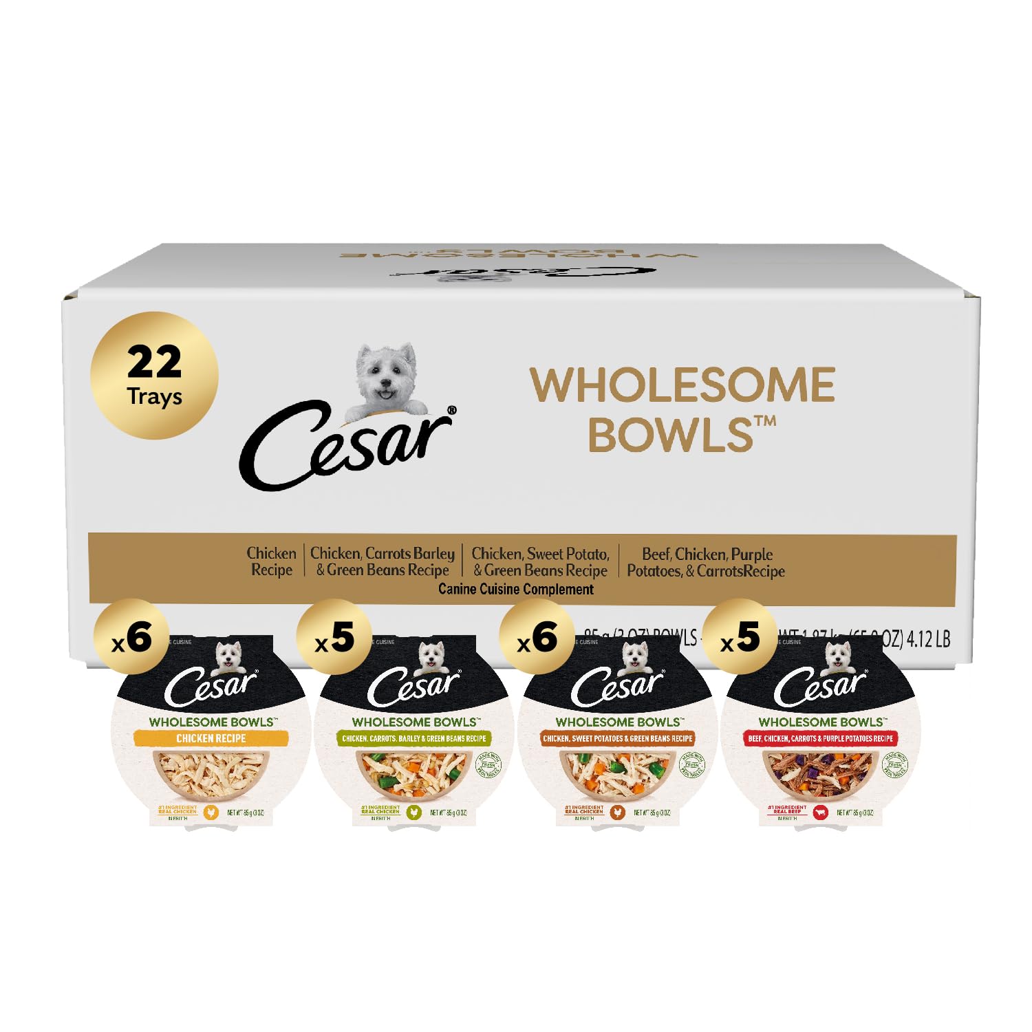 Cesar Wholesome Bowls Adult Wet Dog Food, Variety Pack, Wet Food for Dogs, 3 Oz. Bowls, 22 Count
