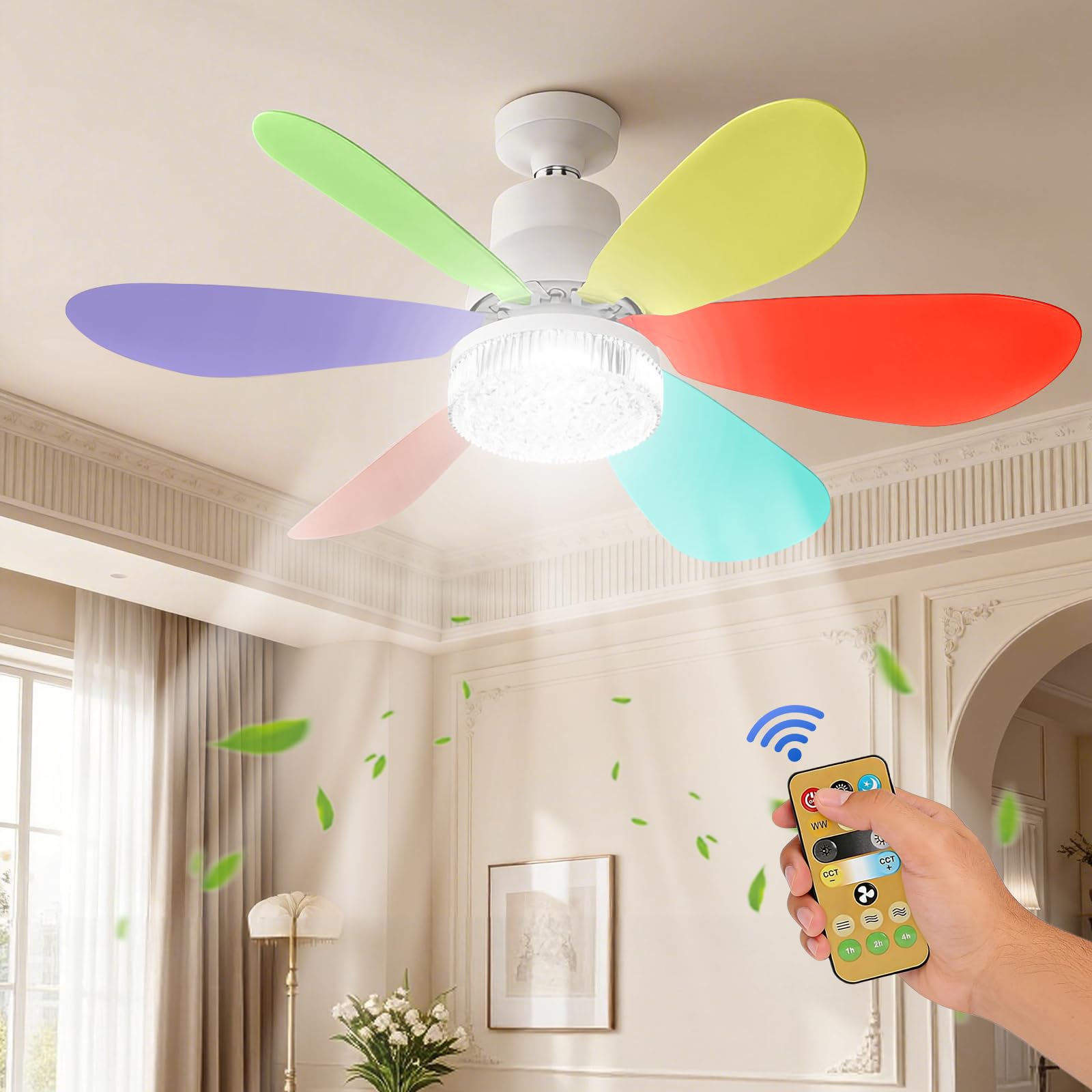 Ventilateur de Plafond avec Lumière et Telecommande, Ø52cm LED Plafonnier Dimmable Ventilateur avec 40W E27 Lampe Cristal Intégrée, 6 Pales, 3 Vitesses, Silencieux, pour Chambre, Salon (Multicolore)