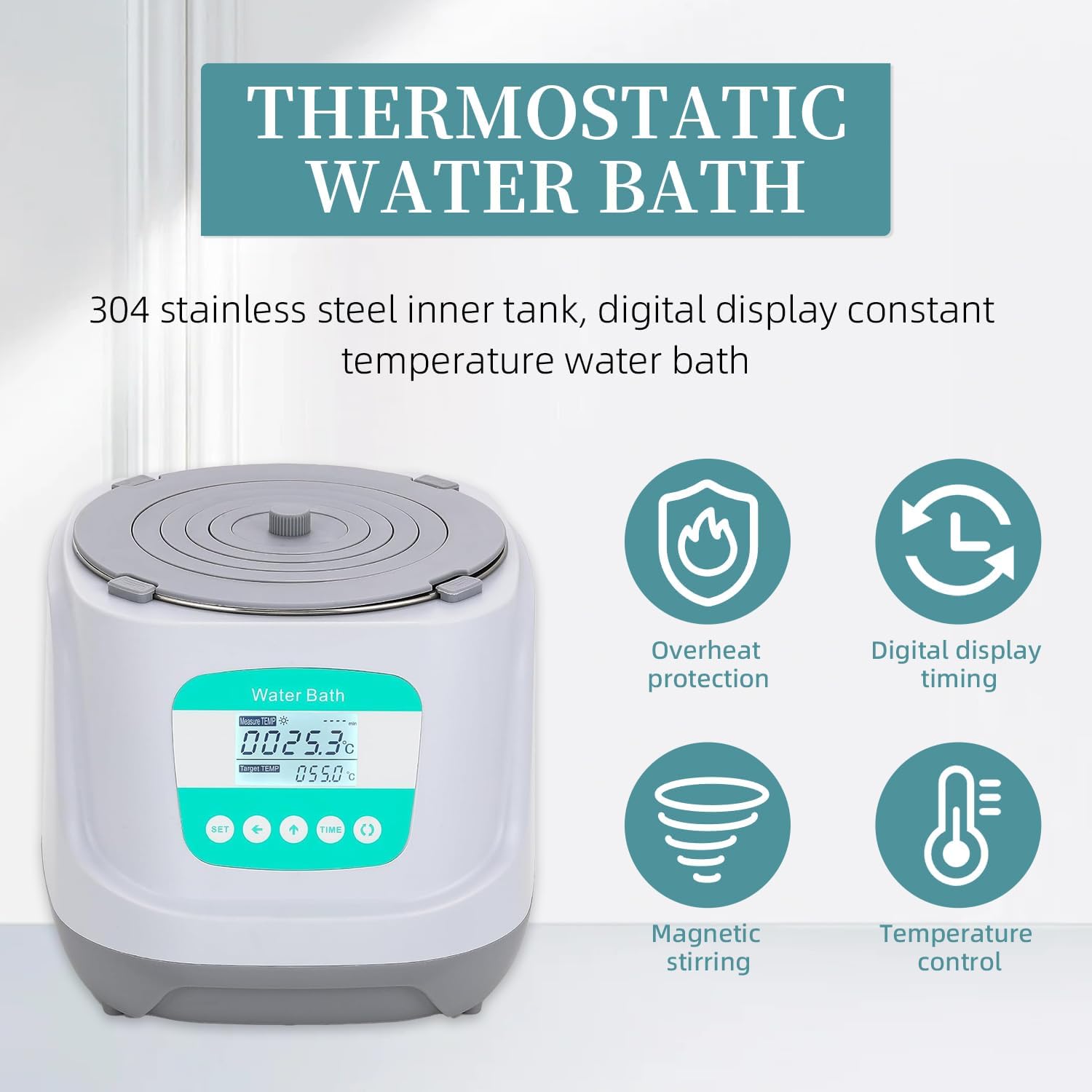 Laboratoryjna kąpiel wodna, mieszadło magnetyczne, grzejnik termostatyczny 90°C, wkładka ze stali nierdzewnej 2,4 l, regulowana osłona, funkcja wypalania na sucho, do laboratorium, centrum badawczego