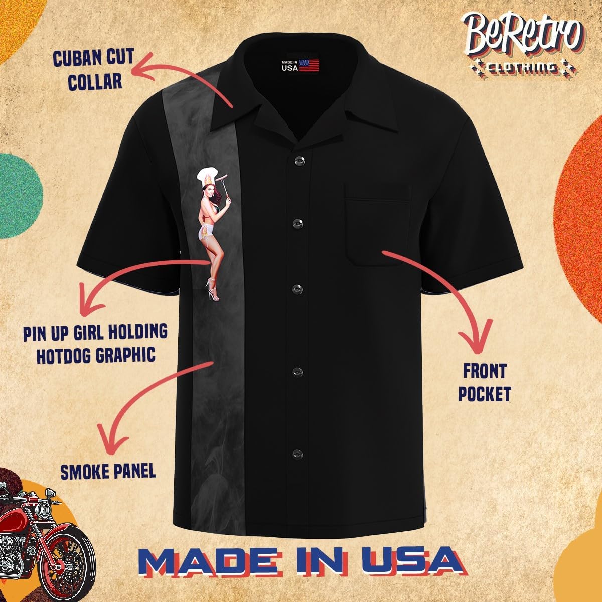 BeRetro Men's Bowling Retro 50’s BBQ Pin Up Shirt ~ USA Made ~ Smokin' Fantasy