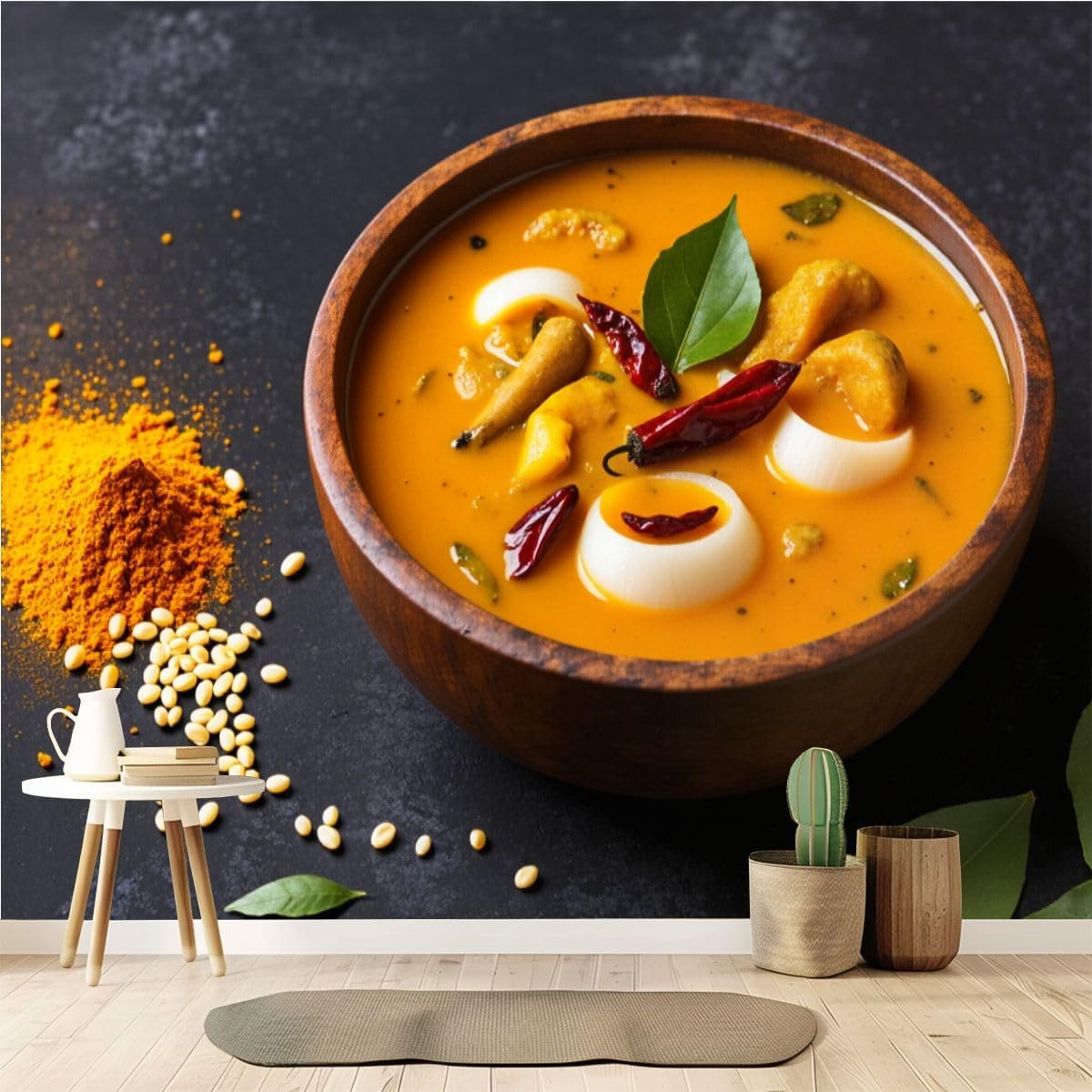 Wall Mural Peel and Stick Wallpaper Indian Rich Golden Orange Curry Boiled Eggs Fiery Red Chilies 69'' x 96'' Removable Wall Sticker Prepasted Wallpaper Renter Friendly Decal for Kitchen