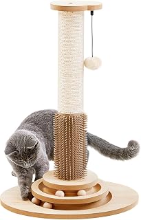 Made4Pets 23" Sisal Cat Scratching Post - 4-in-1 Interactive Toy with Self-Groomer Brush, Trackball & Dangling Balls