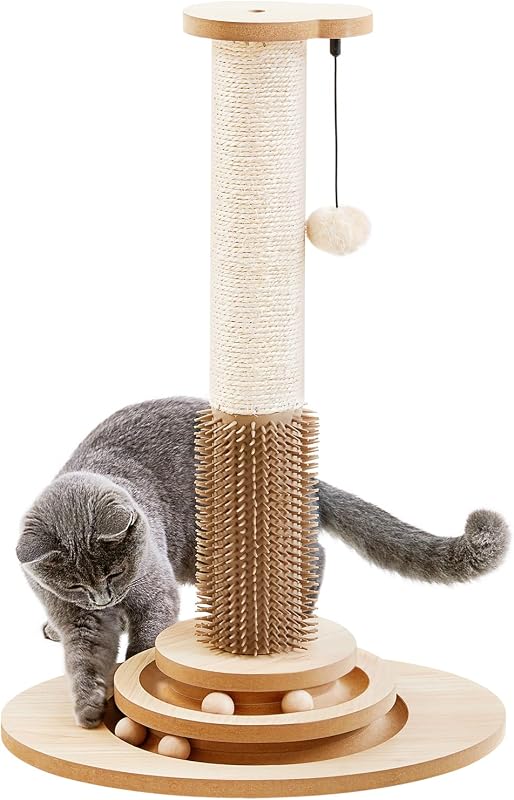 Made4Pets Cat Scratching Post for Indoor Cats with Self Groomer, 23" | Cat Scratcher with Natural Sisal Rope, Stable Base and Interactive Ball Track, Cat Toys for Kittens and Small Indoor Cats