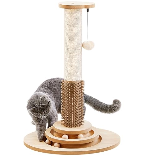 Made4Pets Cat Scratching Post, 23" Tall Sisal Cat Scratcher Post with Self Groomer, 4-in-1 Interactive Trackball Toys with Hair Brush, Vertical Cat Climbing Tree with Dangling Plush Balls