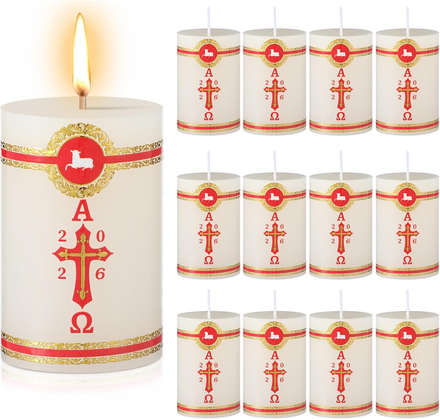 12 Set Paschal Candles with Jesus Sticker Cirios Religiosos Catolico 2026 Lamb of God Catholic Church Candle Cross Sheep for Baptism Confirmation Prayer Easter Cirio Para Bautizo (3 x 2 Inch)