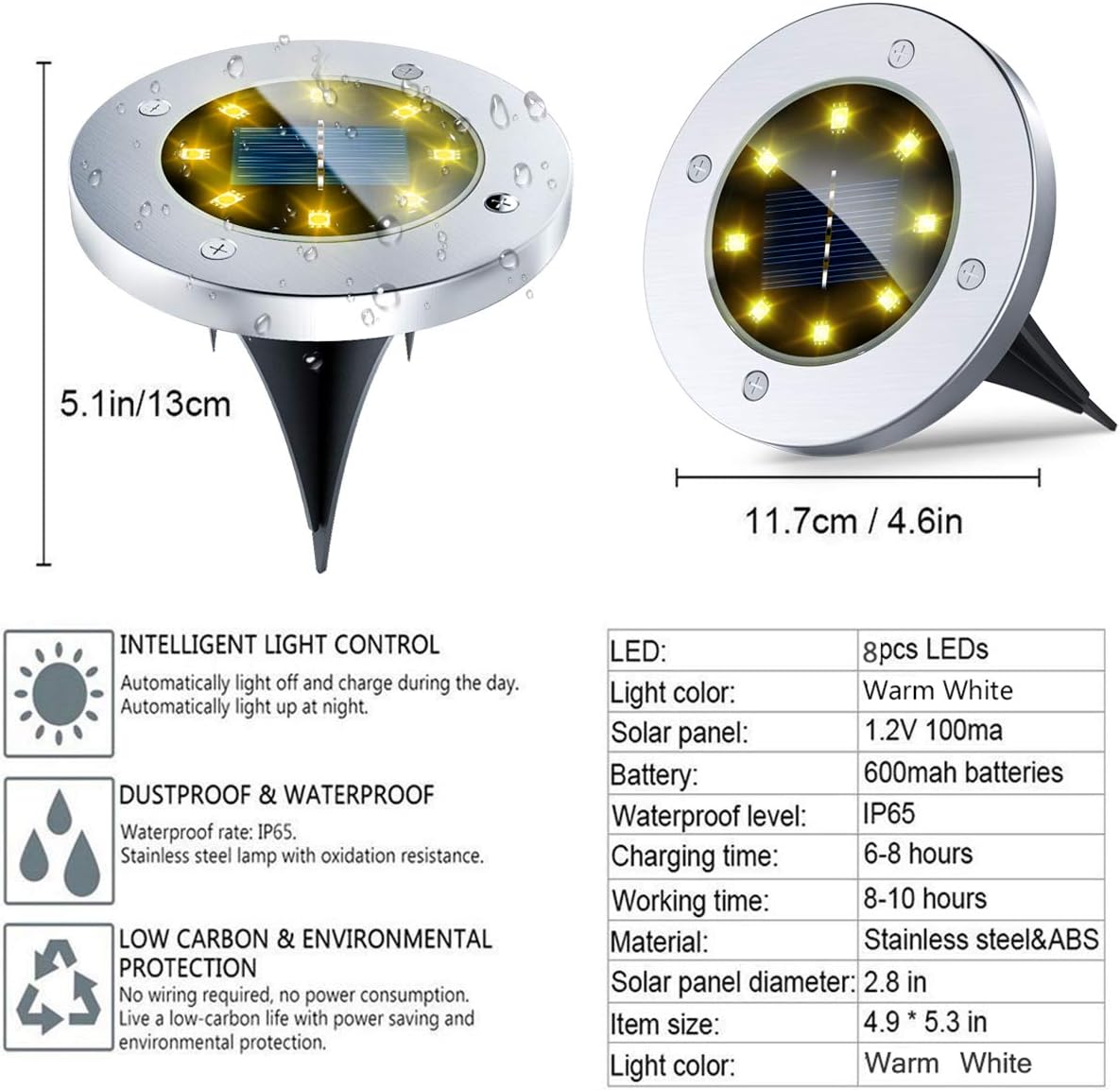 Solar Ground Lights - 10 Packs 8 LED Outdoor Solar Disk Lights Waterproof In-Ground Garden Sidewalk Lights Solar Powered Landscape Lighting for Lawn Patio Pathway Yard Deck Walkway (Warm White)
