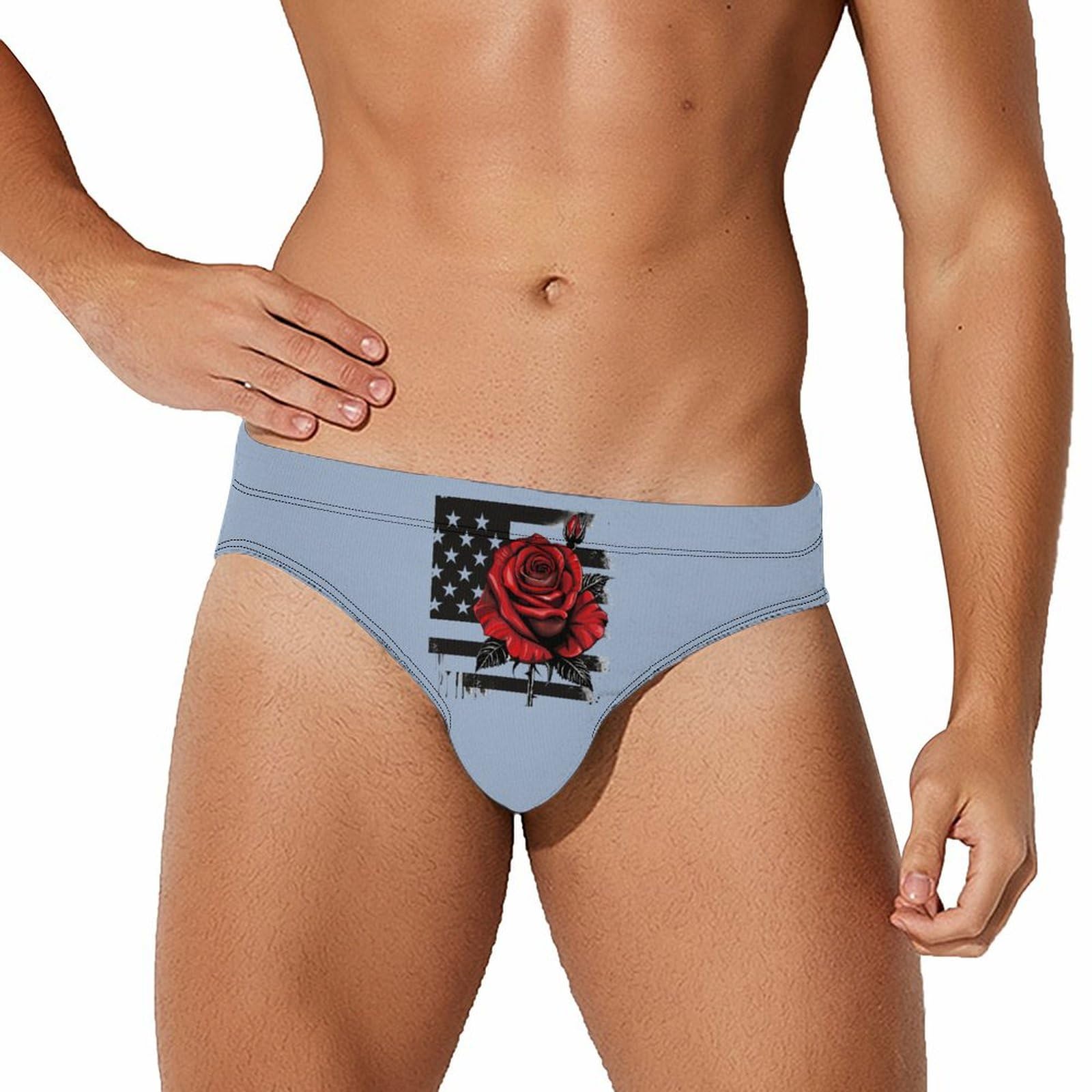US Flag Red Rose Mens Swim Briefs Bikini Swimwear Print Beach Shorts Sexy Swimsuit XL