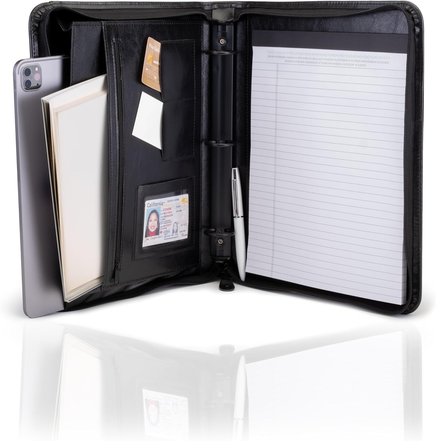 Travigo 3-Ring Zipper Portfolio Binder | 1.25" Faux Leather Padfolio with Zipper for Women & Men | Professional Business Portfolio Folder with Writing Pad, Gusseted File Pocket, ID Window (Black)