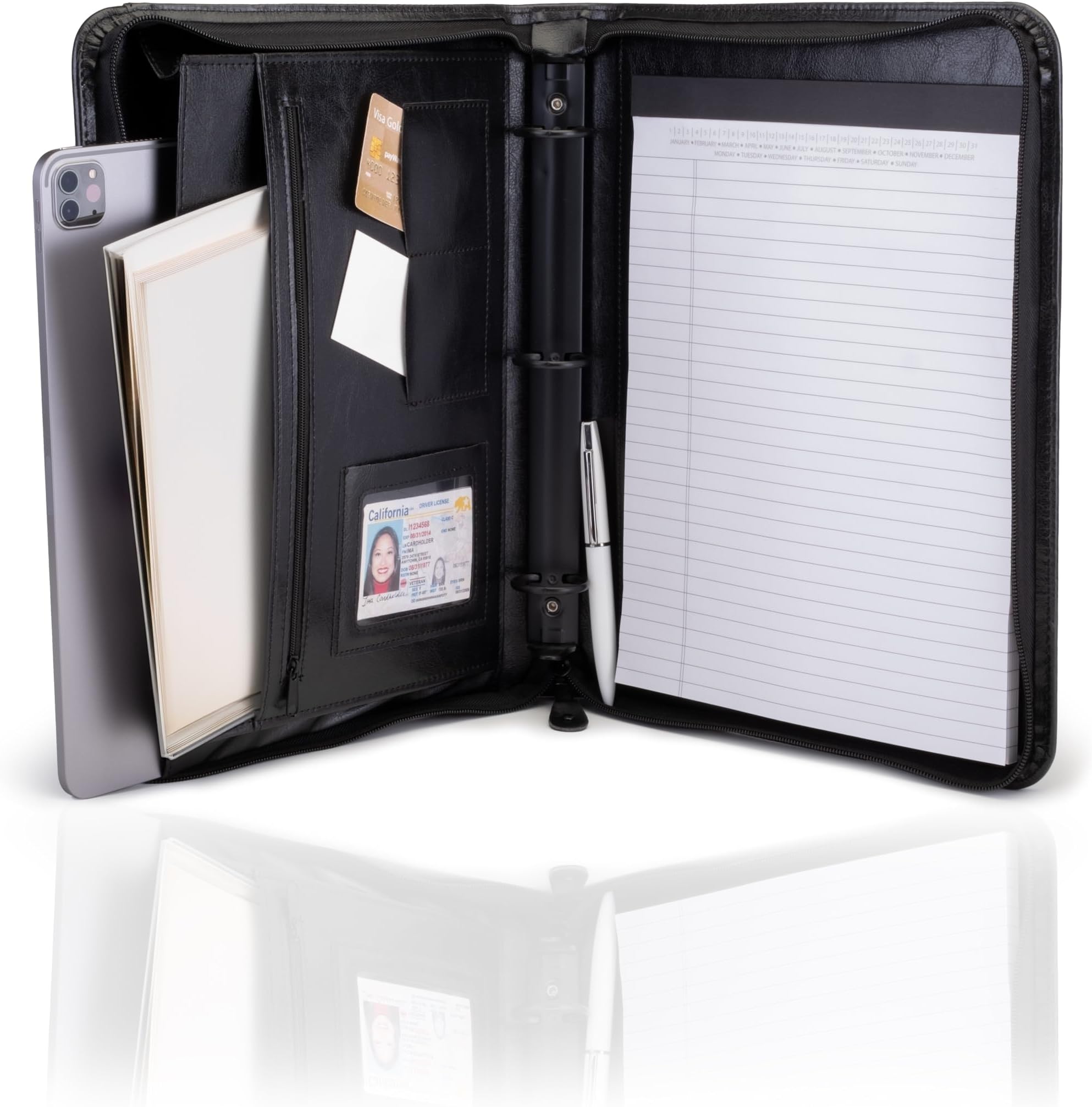 Travigo 3-Ring Zipper Business Leather Portfolio Folder| 1.25" 3-Ring Binder Professional Business Folder Resume Document Organizer|Exterior Pocket | Guesseted File Pocket| 8-1-2" Writing Pad (Black)