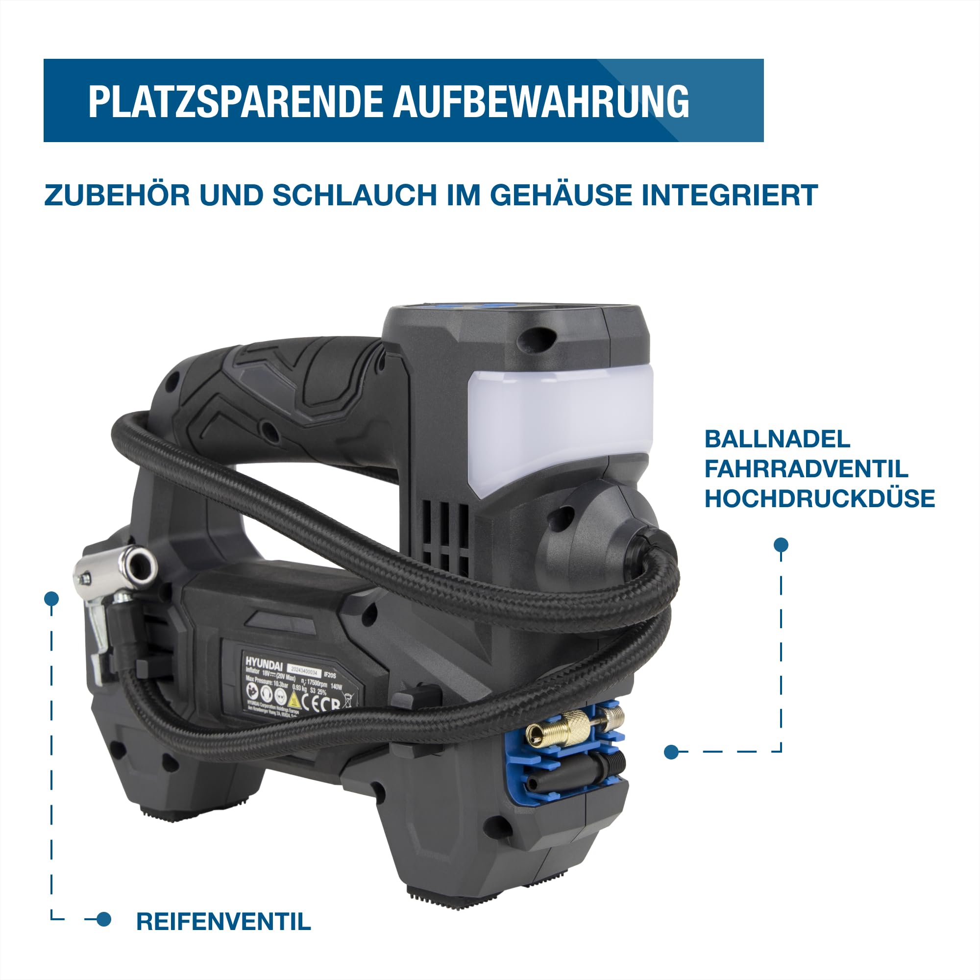 HYUNDAI Akku-Kompressor IF20S-2A1 | Li-Ion, 20V, 10-bar, 70 cm | multifunktionale Luftpumpe, Autokompressor | LED- & SOS-Notlicht | Lieferumfang: Luftkompressor, 3 Adapter, 1 x 2.0Ah Akku, Ladegerät