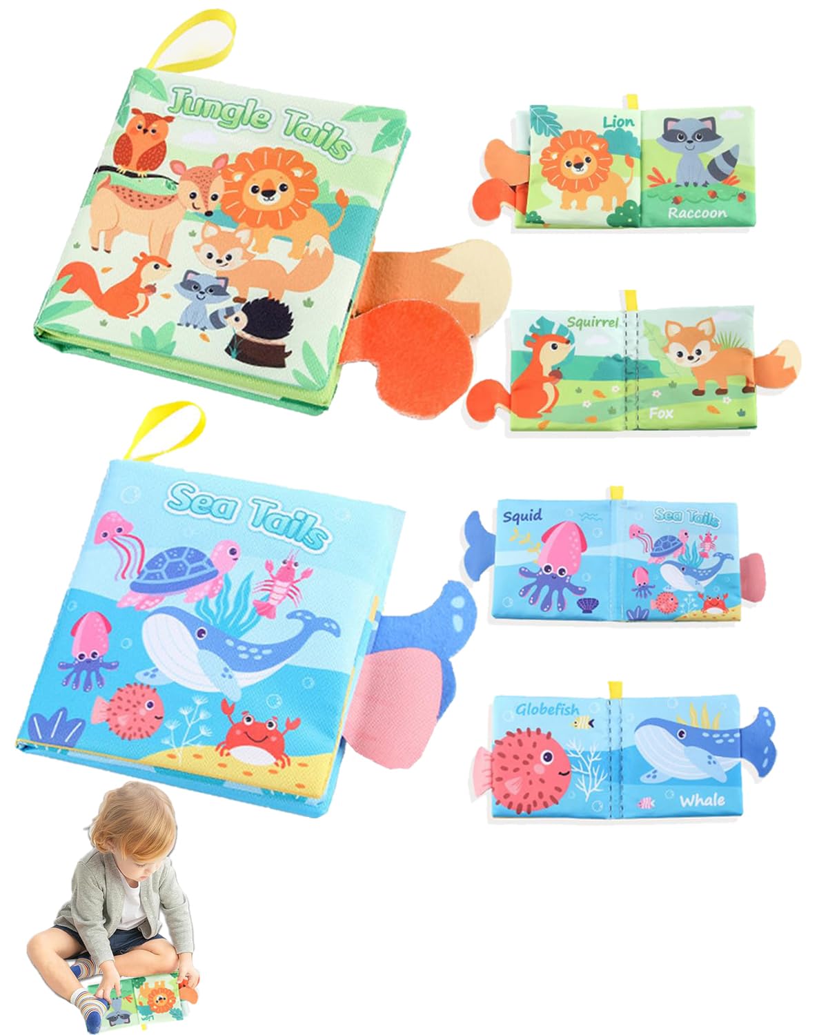 NHCDFA Cloth Books for Babies 6-12 Months - 2 Pcs Peek A Boo With Crinkle Pages for Sensory Play - Toddler Toys, Multicolor