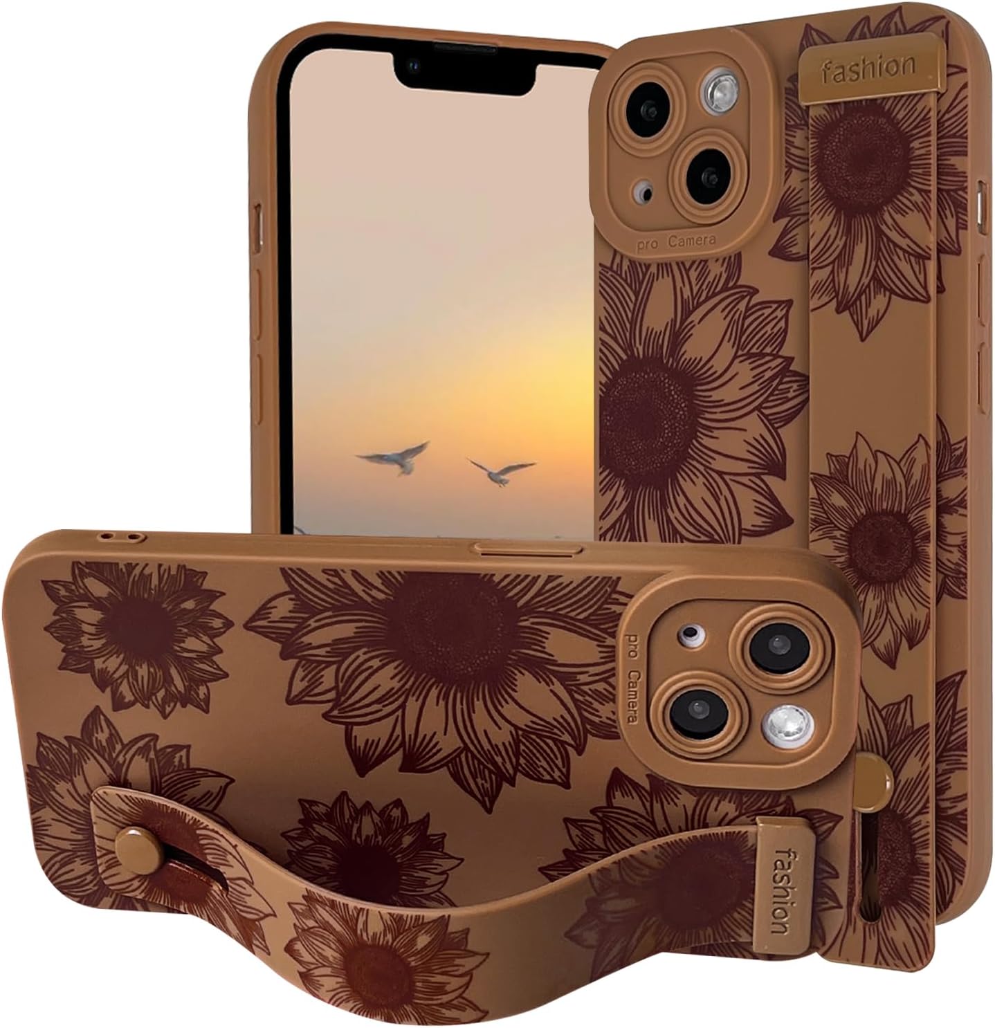 NITITOP Compatible with iPhone 14 Plus Case Cute Floral Sunflower for Women Girls with Wrist Adjustable Hand Strap Kickstand Grip Holder Soft TPU Slim Protection Phone Cover - Brown