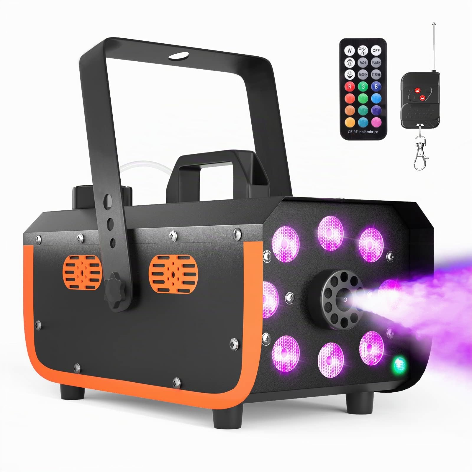 HAKUTA Máquina de Humo a Prueba de Lluvia, 8 LED con 4 Efectos para Fiestas | Resistente a Salpicaduras, Luces y Humo Control Independiente, 2 Mandos, 13 Colores, 300ml, para Bodas/Halloween/DJ