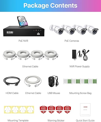 Miniatura 9 de ZOSI Sistema de cámara de seguridad para el hogar PoE de 8 canales 4K, 8 puertos, NVR de 8 canales y 8 MP con disco duro de 2 TB, 4 cámaras IP PoE