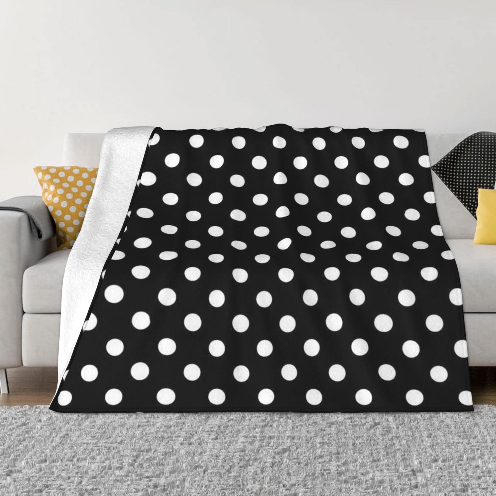 Black And White Polka Dots Fleece Throw Blanket For Couch - Thick Fuzzy Warm Soft Blankets And Throws For Sofa, Bedroom Blanket